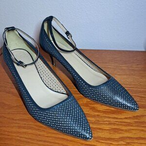 J. Crew women's 9 blue leather pumps 3" heel ankle strap Italy shoes